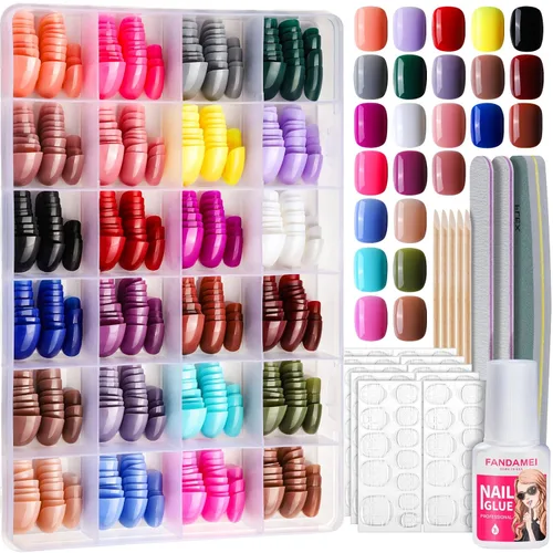Miniatura 10 de FANDAMEI - Uñas de presión, 576 uñas postizas en 24 colores, uñas acrílicas de almendra de longitud media, cobertura completa, brillantes