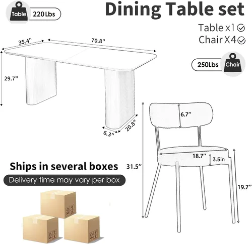 Miniatura 2 de Juego de mesa de comedor ovalada negra moderna de 70.9 pulgadas para 4, mesa de cocina rectangular estilo crema con sillas negras Boucle, juego