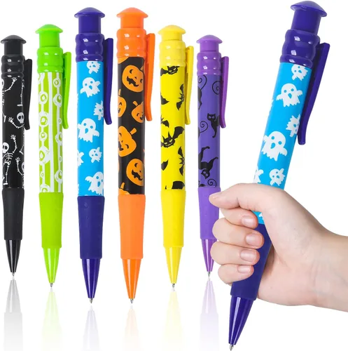 Shemira Recuerdos de fiesta de Halloween para niños, 24 bolígrafos jumbo en 6 diseños temáticos surtidos de Halloween para truco o trato, relleno de