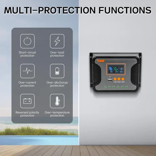 Miniatura 4 de PowMr controlador de carga solar PWM de 30A, 12V 24V 36V 48V Auto, pantalla LCD y salida USB dual, apto para baterías AGM, Gel, FLD, de plomo-ácido