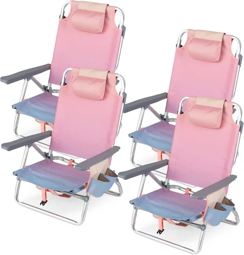 Miniatura 16 de Goplus Silla de playa, mochila plegable para adultos, sillas de playa con posiciones ajustables, almohada para la cabeza, bolsa refrigeradora
