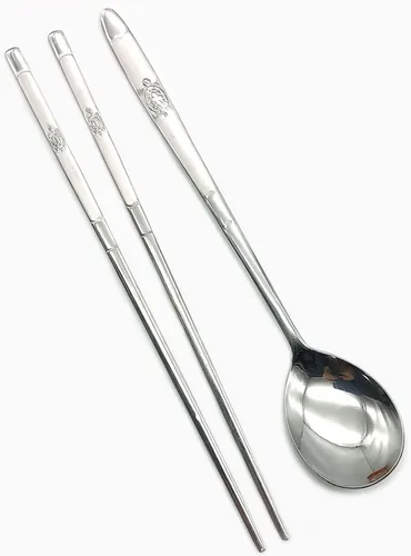 Miniatura 4 de SUPIA Cubertería tradicional coreana de acero inoxidable cucharas y palillos juego de vajilla con mano larga, reutilizable (tortuga plateada)