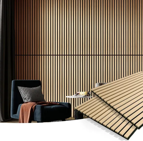Miniatura 2 de Art3d 2 paneles acústicos de listones de madera para pared y techo, panel de absorción de sonido acanalado 3D con acabado de madera, roble