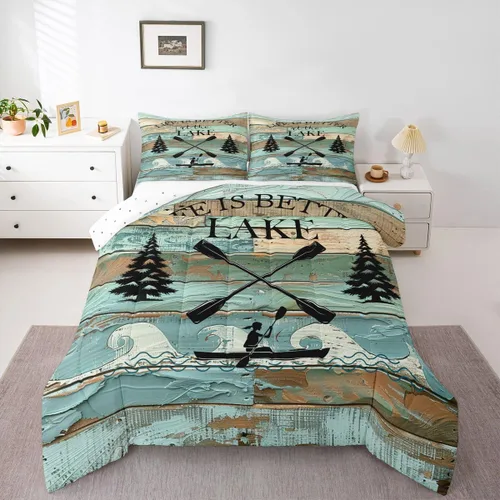 Miniatura 34 de Erosebridal Juego de edredón de reglas del lago, juego de ropa de cama tamaño matrimonial, edredón rústico para niños y niños, decoración de cabaña