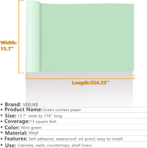 Miniatura 9 de VEELIKE Papel tapiz verde salvia de 15.7 x 118 pulgadas, despegar y pegar, removible, autoadhesivo, impermeable, papel de contacto verde salvia