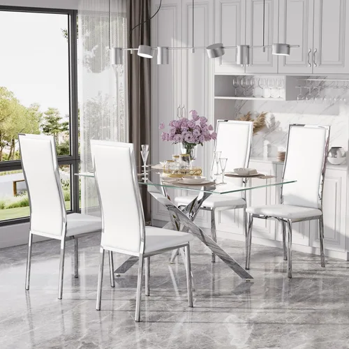 Miniatura 18 de Juego de mesa de comedor de cristal dorado moderno de 63 pulgadas para 6, juego de mesa de cocina rectangular de 7 piezas con patas de acero Negro