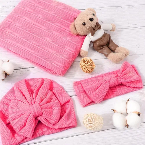 Miniatura 6 de DRESHOW BQUBO Manta de recepción para recién nacido, cálida para niñas con sombrero de lazo y diadema de lazo, regalo para baby shower 1 juego