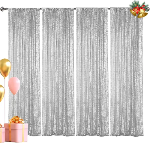 Hahuho - Cortina de fondo de lentejuelas plateadas, 4 piezas de 2 x 8 pies, cortina de fondo con purpurina para fiestas, Navidad, boda, decoración
