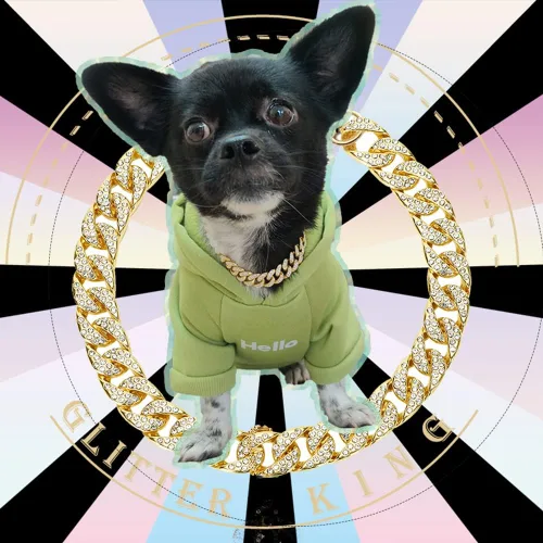 Miniatura 2 de Collar de perro dorado con circonita cúbica de 0.551 in, cadena de eslabones cubanos hecha a mano con diamantes exagerados, juego completo de puntas