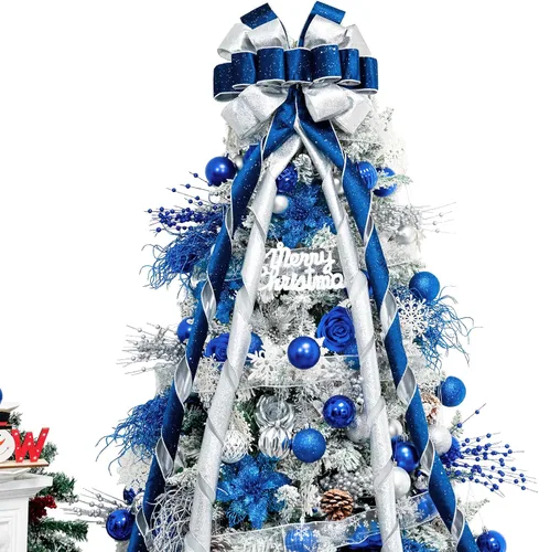 Miniatura 22 de Hismir Lazo grande de 53 x 13 pulgadas con serpentina de purpurina, lazos decorativos para árbol de Navidad, corona, puerta, festival, decoración
