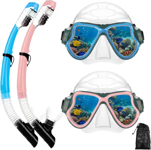 Miniatura 14 de Equipo de esnórquel para adultos, jóvenes y niños, juego de máscara de esnórquel con parte superior seca, juego de máscara de buceo antivaho