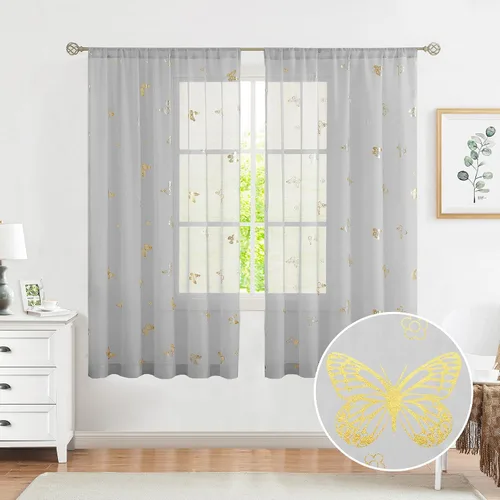 Miniatura 15 de Jubilantex Paneles de cortinas transparentes de mariposas negras y doradas de 52 pulgadas de ancho para dormitorio de niñas, elegantes cortinas