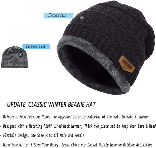 Miniatura 4 de Juego de 2 piezas de gorro de invierno para hombre, bufanda gruesa con forro polar, gorro de calavera, gorro de invierno de punto cálido, calentador
