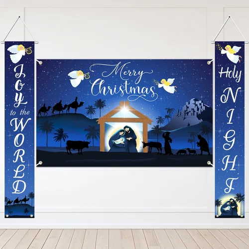 Avezano Pancarta Religiosa de Feliz Navidad Azul Escena de la Natividad Pancarta de Navidad al Aire Libre Decoraciones Navideñas Religiosas