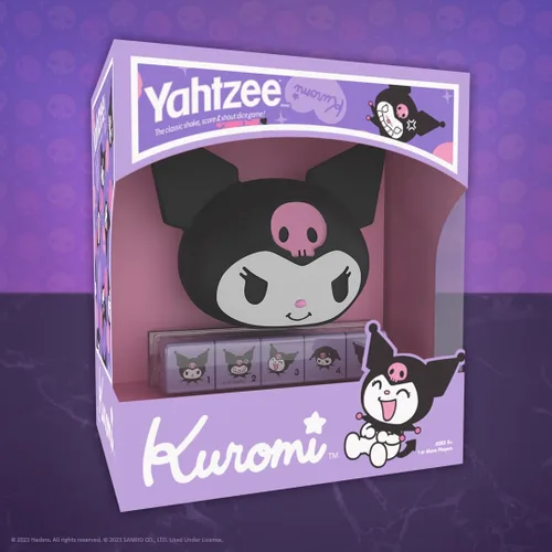 Miniatura 6 de YAHTZEE: Kuromi Taza de dados de cabeza Kuromi coleccionable Dados con su adorable gama de emociones Juego de dados clásico basado