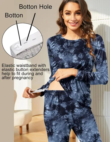 Miniatura 2 de Ekouaer Conjunto de ropa interior térmica de maternidad y lactancia, conjunto de pantalones largos de punto a rayas, capa base superior e inferior