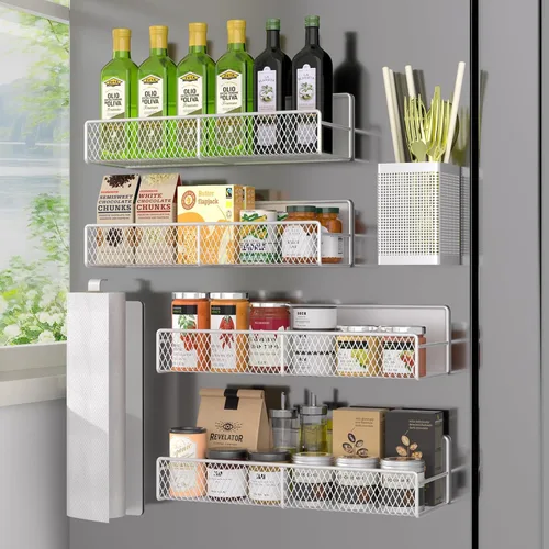 Miniatura 35 de Estante magnético para especias para refrigerador, paquete de 7 estantes magnéticos fuertes 100% de metal, organizador de especias con soporte