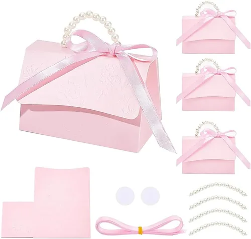 Miniatura 7 de BENECREAT Juego de 12 cajas de recuerdos de boda, caja de papel kraft rosa con mango de perla, cintas, calcomanías, cajas de regalo para cumpleaños