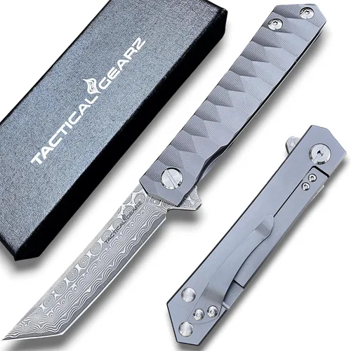 Miniatura 9 de Cuchillo plegable de bolsillo de Damasco, mango de titanio sólido Tc4, hoja Tanto de acero Damasco VG10 multicapa de 67 capas (Saint DXT)