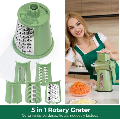 Miniatura 5 de SUSTEAS Rallador rotativo de queso con asa, triturador de verduras con 5 cuchillas bien diseñadas y base de succión fuerte, cortador redondo de Verde
