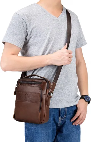 Miniatura 6 de BAIGIO Bolso bandolera de cuero genuino para hombre, bolso de hombro pequeño, bolso de mensajero para hombre, bolso para iPad, bolsa de viaje