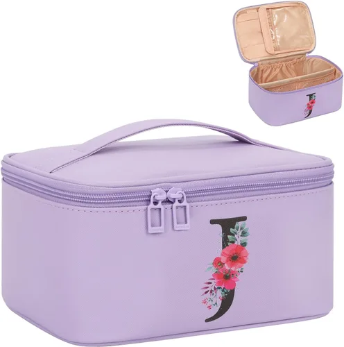 Miniatura 46 de OCHEAL Bolsa de maquillaje personalizada, bolsa de maquillaje beige para mujer, kit de aseo de viaje con monograma, organizador de cosméticos listo