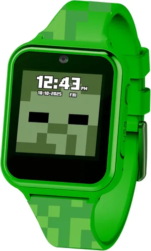 Accutime Minecraft - Reloj inteligente de aprendizaje educativo verde para niños, pantalla táctil, para niñas, niños y niños pequeños, cámara para