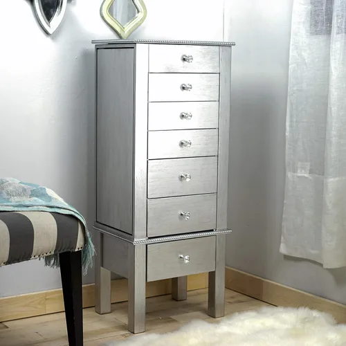 Hives and Honey Kimberly Jewelry Armoire Moderno organizador de almacenamiento plateado con cajones divididos y ganchos para collares, diseño de