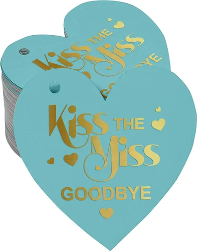 Kiss The Miss Goodbye - Paquete de 50 etiquetas colgantes de papel de aluminio dorado real