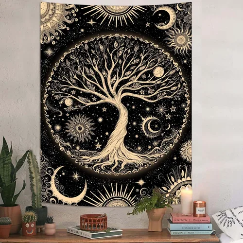 Miniatura 12 de Lunerfex Tapiz de árbol de la vida, tapiz de pared de fase lunar, tapices verdes para dormitorio, techo, tapices para colgar en la pared