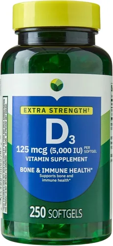Vitamina D3 5000 UI (125 mcg) Cápsulas blandas - Suplemento de vitamina D de alta potencia - Apoya la salud ósea e inmunológica - Fácil de tragar -