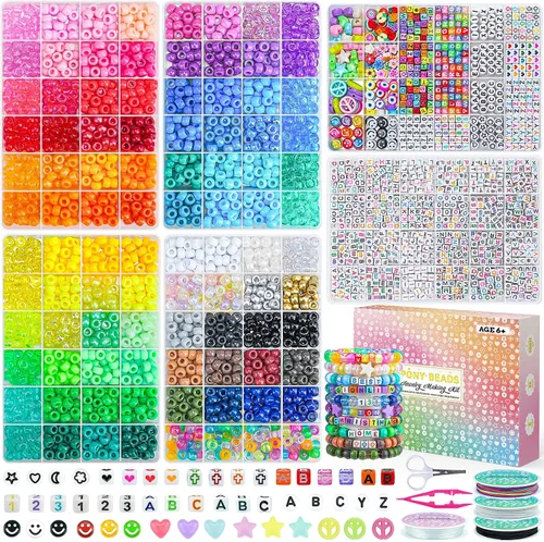 Kit de 4500 cuentas de poni, 6 cajas con 1600 cuentas de letras, pulseras de la amistad, cuentas Kandi Rave para hacer joyas, llavero trenzado para