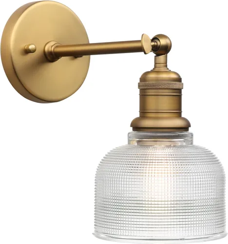 Yosoan Aplique de pared bohemio vintage de latón dorado con pantalla de cuenco a rayas, 1 luz moderna de tocador industrial montado en la pared,