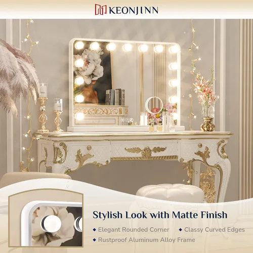 Miniatura 22 de Keonjinn Espejo de tocador Hollywood con luces y altavoz Bluetooth, 15 bombillas reemplazables, espejo de maquillaje con 2 bombillas de repuesto, 3