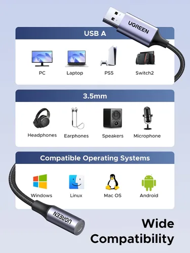 Miniatura 7 de UGREEN Adaptador de audio USB a conector de 3.5 mm Tarjeta de sonido con soporte para micrófono TRRS Auriculares DAC 24bit 96kHz USB a conector