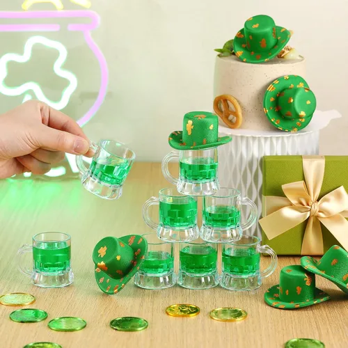 Miniatura 2 de Pickmesh 20 piezas de mini tazas de cerveza para el día de San Patricio, sombreros de duende verdes, taza de cerveza de plástico de 1 onza, vasos
