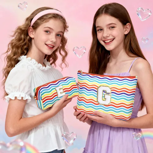 Miniatura 34 de Bolsa de viaje de maquillaje con monograma de 2 piezas para regalos de niñas adolescentes, bolsa de cosméticos para niñas, bolsa de aseo de viaje