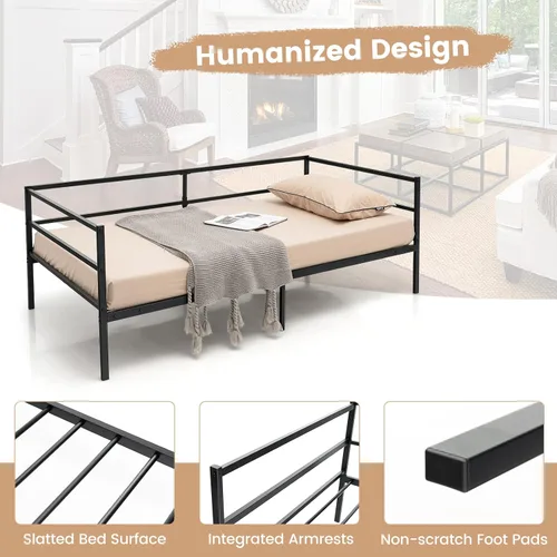 Miniatura 3 de Giantex Marco de cama de metal tamaño individual, cama de día con soporte de listones de metal y barandillas de 3 lados, sofá cama 2 en 1 que ahorra