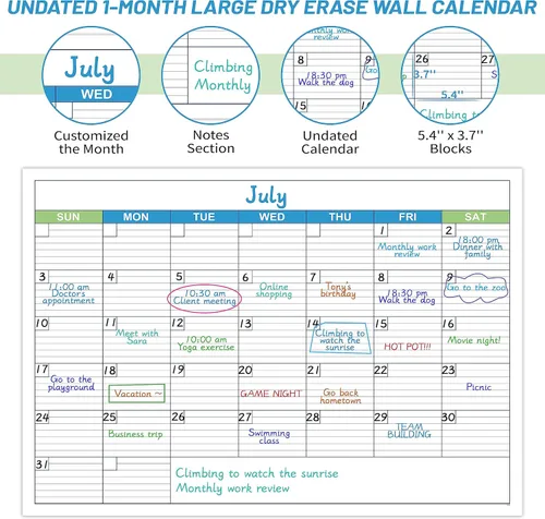 Miniatura 3 de Calendario grande de borrado en seco, calendario mensual de borrado en seco sin fecha para pared, 40 x 28 pulgadas, calendario de pared laminado