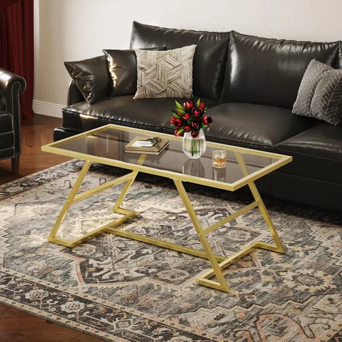 Miniatura 4 de HOOBRO Mesa auxiliar, mesa de centro rectangular dorada, mesa central de cristal moderna, mesas de té centrales de 2 niveles con marco de metal
