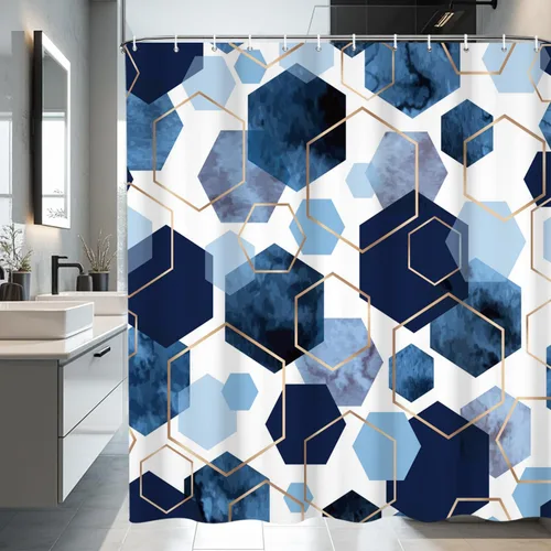 Miniatura 14 de deFouliao Cortina de ducha azul bohemia de mediados de siglo, cortinas de ducha modernas azul marino con líneas doradas minimalistas, impermeables