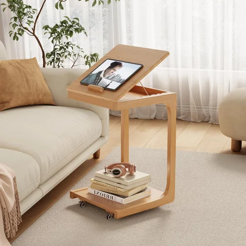 Miniatura 9 de AQIMUELE Mesa auxiliar de madera en forma de C, escritorio de sofá con 2 ruedas con cerradura, mesa de sofá de 4 niveles con bolsa de Natural