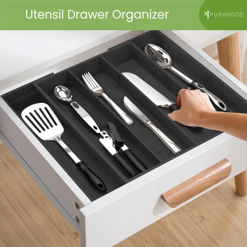 Miniatura 4 de Organizador de Cajón de Cocina Purawood - Organizador de Utensilios Extensible para Cocina, Bandeja de Cuchillos y Organizador de Cubiertos, 3-5