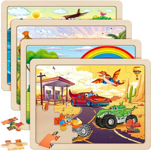 Miniatura 9 de SYNARRY Rompecabezas de madera de animales grandes para niños, caja de regalo 4 en 1 (12.2 x 9.4 pulgadas), certificado FSC, rompecabezas para niños