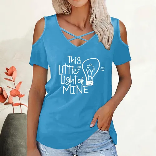 Miniatura 2 de Iuhan Short Sleeve Graphic Shirts Tee Women Tops Fashion Loose Trendy Light Bulb Letter Print Cold Shoulder V Neck Blouse