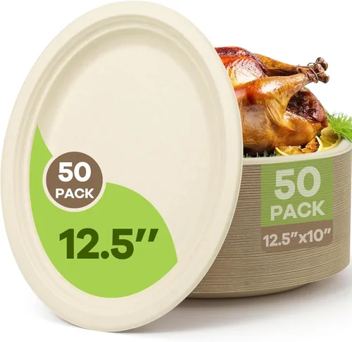 Miniatura 12 de Platos de Papel Ovalados Desechables, Paquete de 100 de 12.5 pulgadas Biodegradables Grandes, Bandejas de Bagazo Compostables de Servicio Pesado