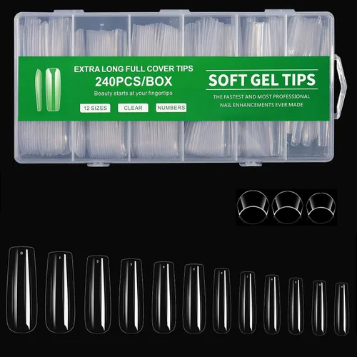 Miniatura 14 de Puntas de uñas largas cuadradas, 240 puntas de uñas de gel suave de cobertura completa, pregrabadas, 3XL, cuadradas transparentes, acrílicas