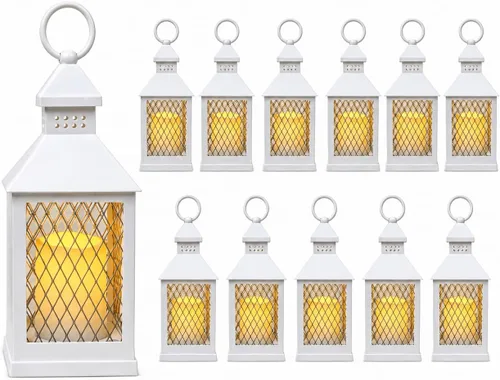 Juego de 12 piezas de estilo granja, farol decorativo de 10 pulgadas con vela LED sin llama y temporizador de 5 horas, decoración rústica de boda,