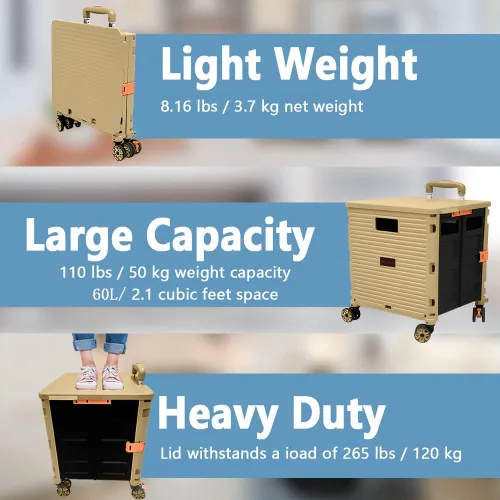 Miniatura 2 de Carrito plegable con ruedas, resistente al desgaste, sin ruido, carrito de compras con ruedas para comestibles, caja de herramientas de Caqui