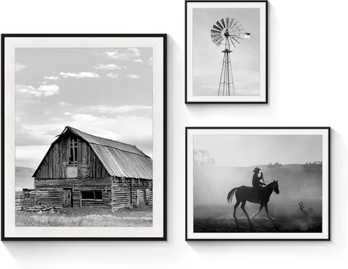 Arte de pared enmarcado con vista rústica: 3 piezas de granja en blanco y negro, vaquero brumoso, granero, fotografía, moderno, molino de viento,